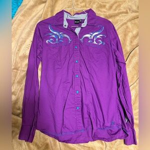 Purple long sleeve button up shirt w/ phoenix print on back w/ green studs